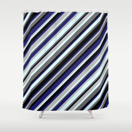 [ Thumbnail: Vibrant Grey, Light Cyan, Dim Grey, Black, and Midnight Blue Colored Striped/Lined Pattern Shower Curtain ]