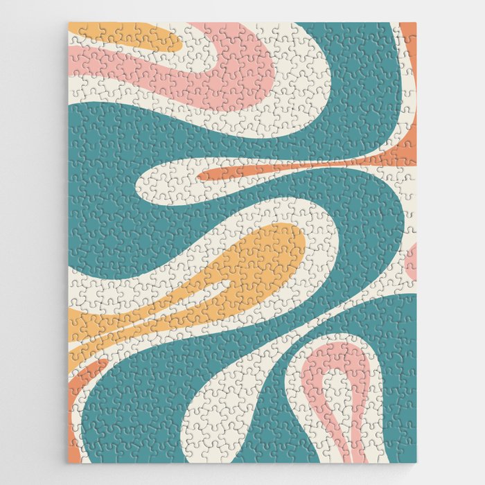 Mellow Flow Retro 60s 70s Abstract Pattern Teal Blush Mustard Cream Jigsaw Puzzle