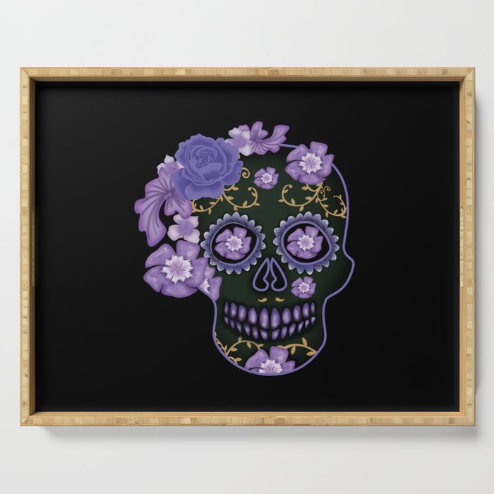 Purple Floral Sugar Skull Muertos Day Of Dead Serving Tray
