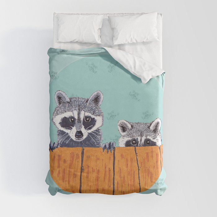 Peeking Raccoons #3 Blue Pallet Duvet Cover