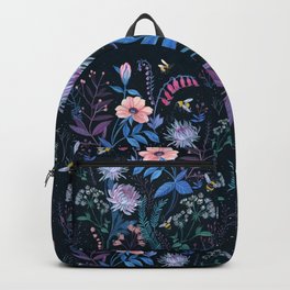 Bees Garden Backpack | Bee, Floral, Curated, Botanical, Garden, Blue, Watercolor, Darkfloral, Flowers, Gouache 