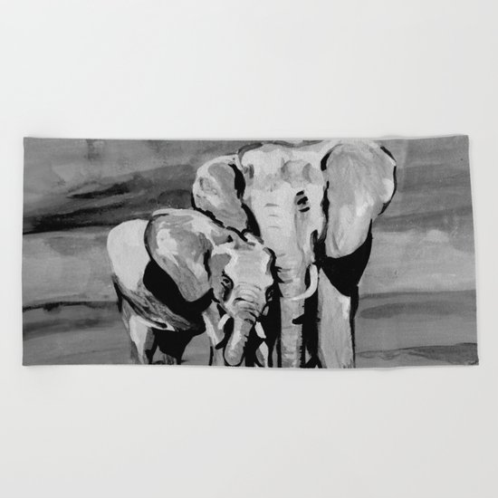 Black and white mother and baby elephant Beach Towel
