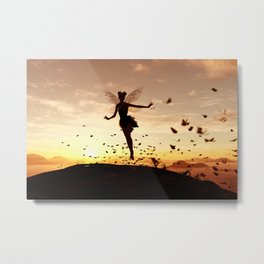 3d rendering of a fairy on a tree trunk on the sky of a sunset or sunrise surrounded by flock butter Metal Print | Cute, Illustration, 3D, Fantasy, Magic, Fairy, Charmed, Fairytale, Elven, 3Dillustration 