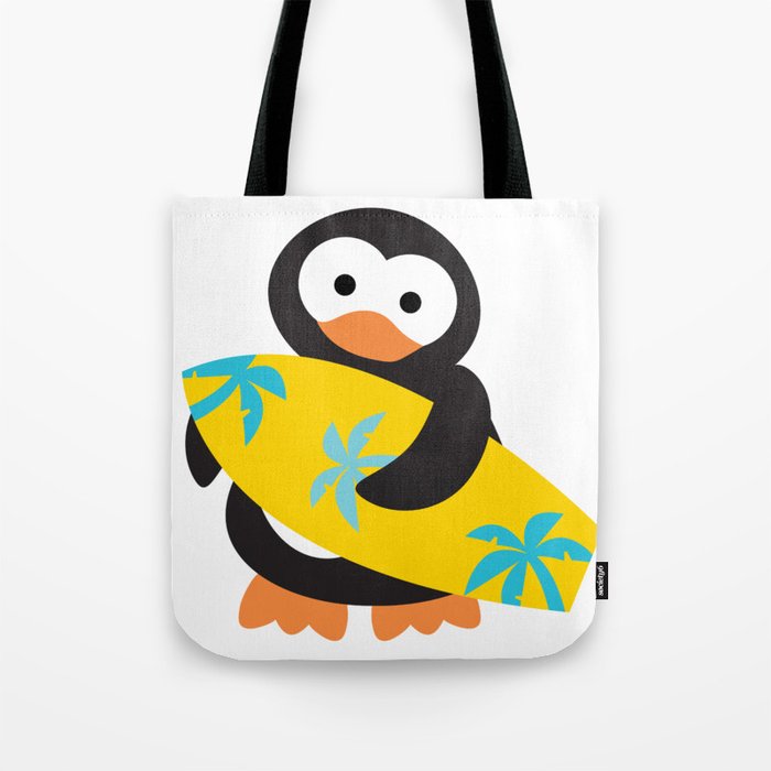 Surfing penguin, yellow board Tote Bag