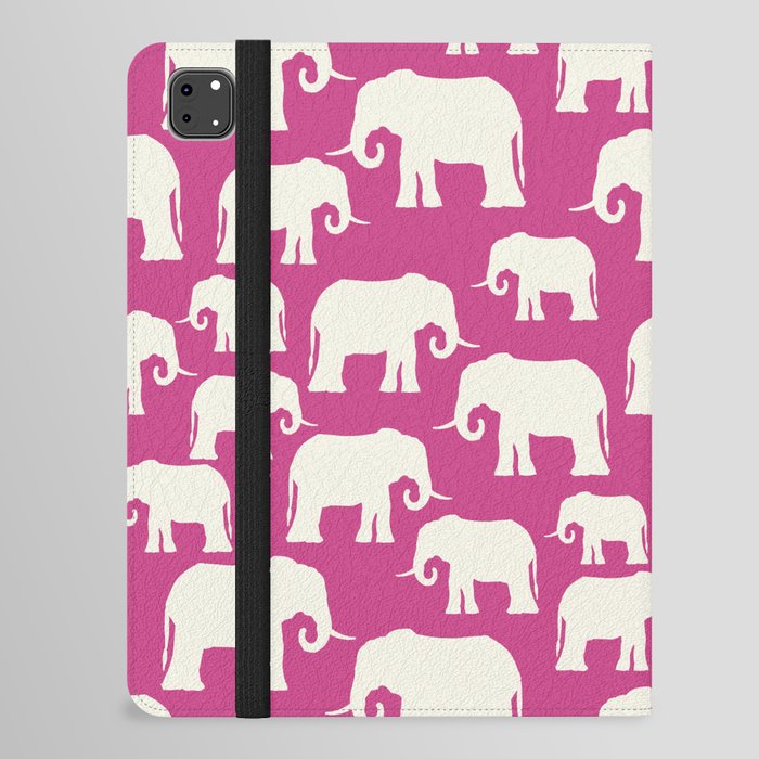 Ivory White Elephant Silhouette Pattern on Fuchsia Pink iPad Folio Case