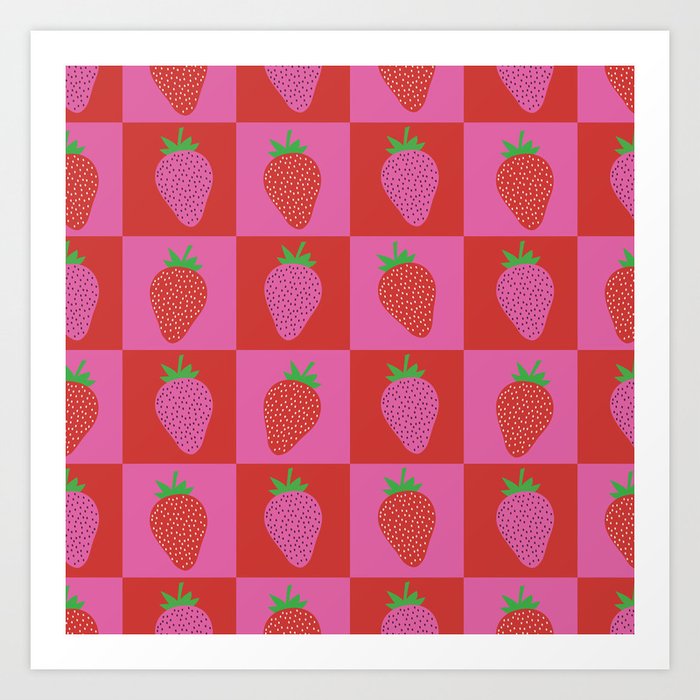 Checkered Red and Pink Strawberries Art Print