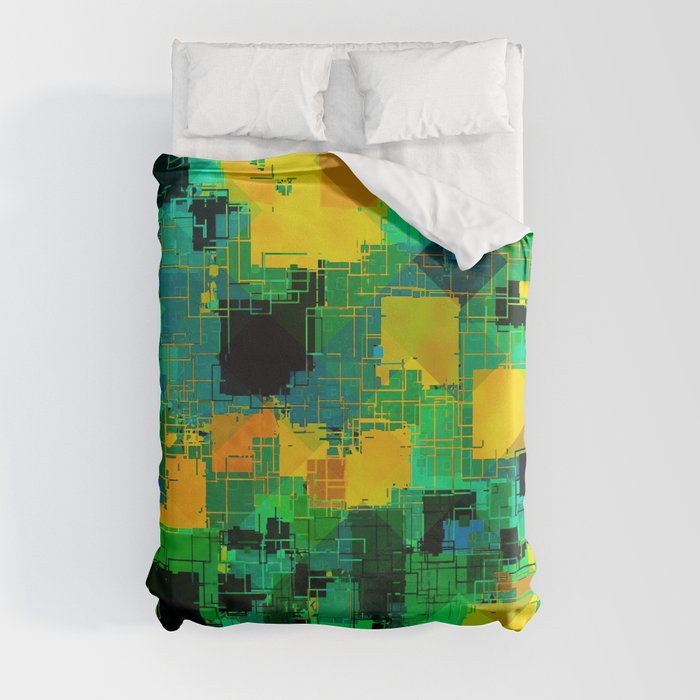 geometric square pattern abstract in green and yellow Duvet Cover
