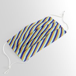 [ Thumbnail: Goldenrod, Turquoise & Blue Colored Stripes/Lines Pattern Face Mask ]