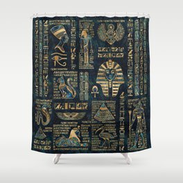Egyptian hieroglyphs and deities -Abalone and gold Shower Curtain