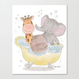 Cute animals in bath watercolor illustration Canvas Print