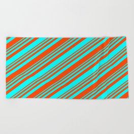 [ Thumbnail: Red & Cyan Colored Lined/Striped Pattern Beach Towel ]