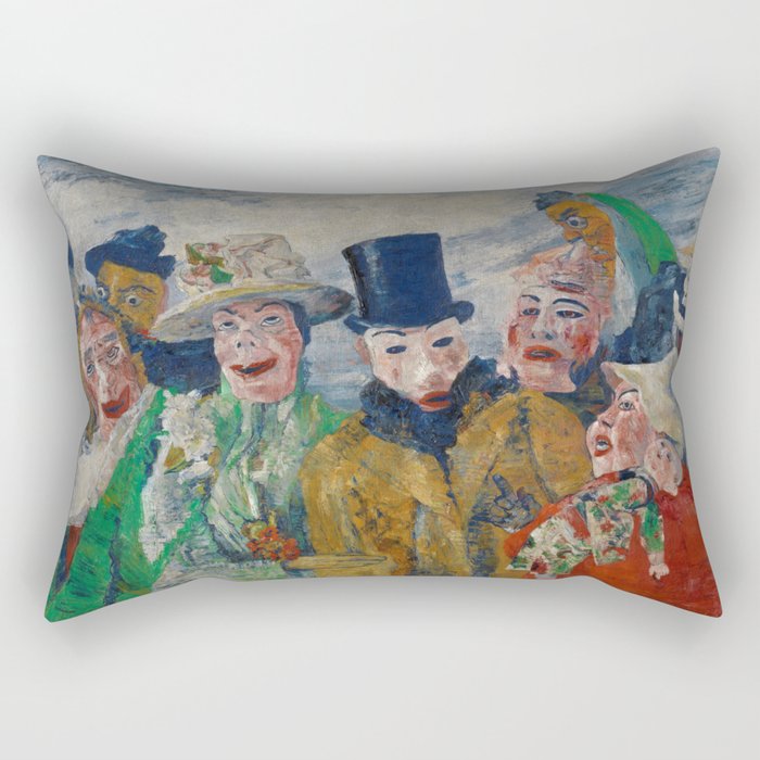 L'Intrigue; the masquerade ball party goers grotesque art portrait painting by James Ensor Rectangular Pillow