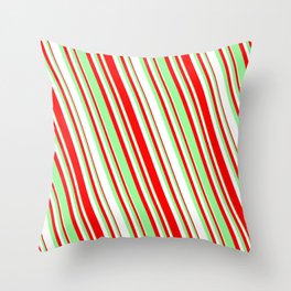 [ Thumbnail: Red, Green & White Colored Striped/Lined Pattern Throw Pillow ]