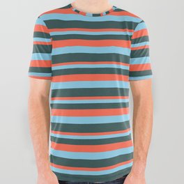 [ Thumbnail: Red, Sky Blue, and Dark Slate Gray Colored Pattern of Stripes All Over Graphic Tee ]