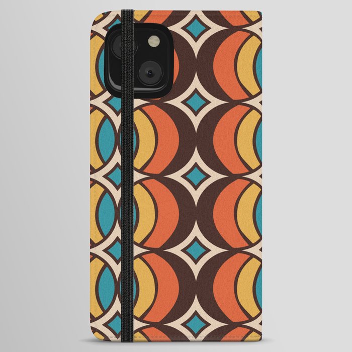 Retro 70s Eastern Inspired Geometric Globe Pattern 532 Brown Orange Yellow and Blue iPhone Wallet Case