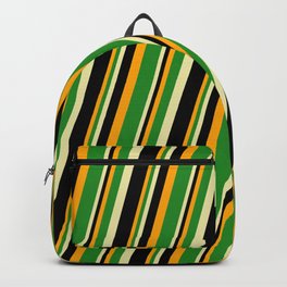 [ Thumbnail: Orange, Forest Green, Pale Goldenrod, and Black Colored Lined/Striped Pattern Backpack ]