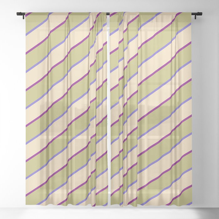 Dark Khaki, Slate Blue, Tan & Purple Colored Striped/Lined Pattern Sheer Curtain
