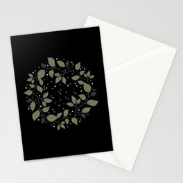 Leafy berry branches pattern with white dots in black background Stationery Card