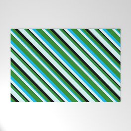 [ Thumbnail: Forest Green, Deep Sky Blue, Light Cyan & Black Colored Stripes/Lines Pattern Welcome Mat ]