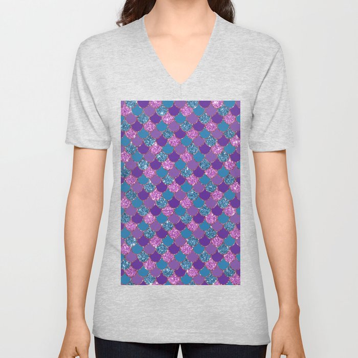 Glitter Mermaid Scales Purple Pink Teal V Neck T Shirt