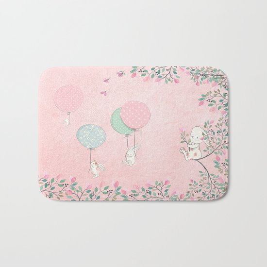 Cute flying Bunny with Balloon and Flower Rabbit Animal on pink floral backround Bath Mat