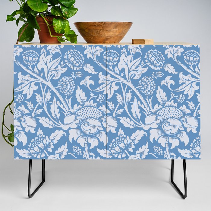 William Morris Soft Blue Chrysanthemum Pattern Vintage Floral Victorian Botanical Leaves Wallpaper Credenza