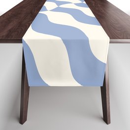 Retro Wavy Abstract Swirl Lines in Blue & White Table Runner