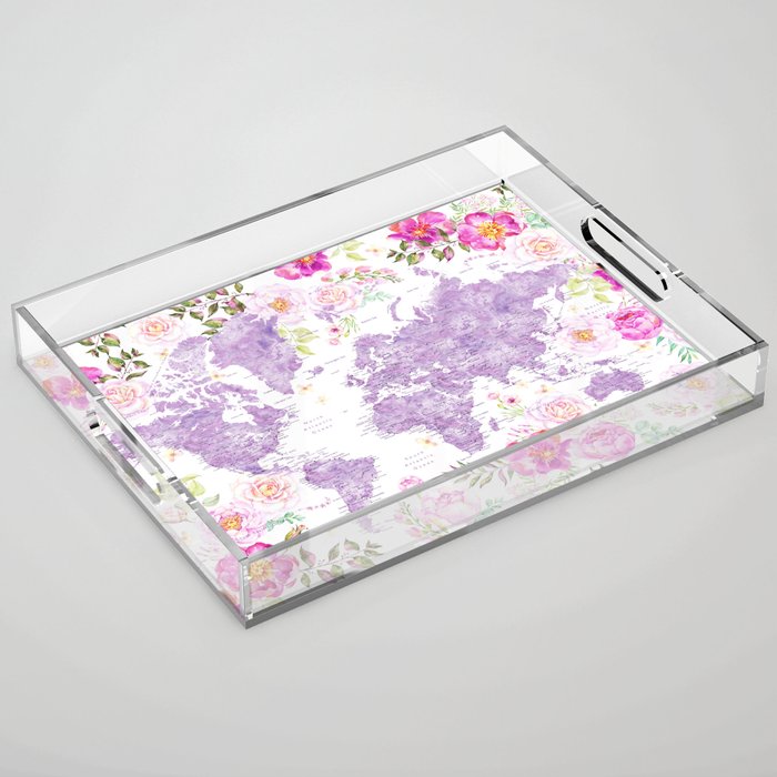 Purple watercolor floral world map with cities Acrylic Tray