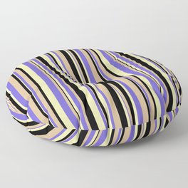 [ Thumbnail: Slate Blue, Pale Goldenrod, Black & Tan Colored Striped/Lined Pattern Floor Pillow ]