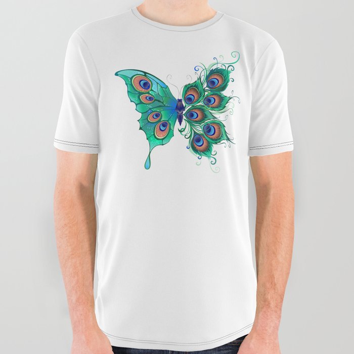 Butterfly with Green Peacock Feathers All Over Graphic Tee