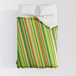 [ Thumbnail: Forest Green, Tan, Chocolate, and Light Green Colored Lined/Striped Pattern Comforter ]
