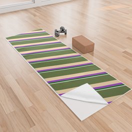 [ Thumbnail: Dark Olive Green, Tan, Dark Orchid, Dark Green, and White Colored Striped/Lined Pattern Yoga Towel ]