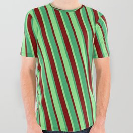 [ Thumbnail: Light Green, Maroon & Sea Green Colored Stripes/Lines Pattern All Over Graphic Tee ]