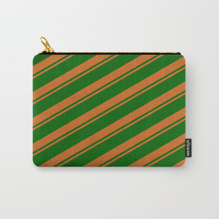 Chocolate & Dark Green Colored Striped Pattern Carry-All Pouch