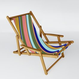 [ Thumbnail: Colorful Dark Olive Green, Light Coral, Goldenrod, Dark Blue, and Turquoise Colored Lined Pattern Sling Chair ]