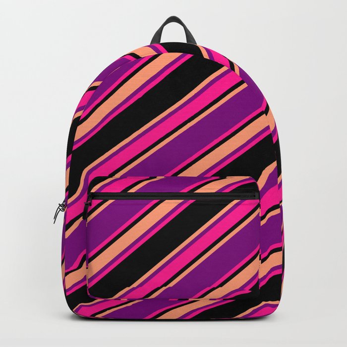 Purple, Deep Pink, Black & Light Salmon Colored Striped Pattern Backpack