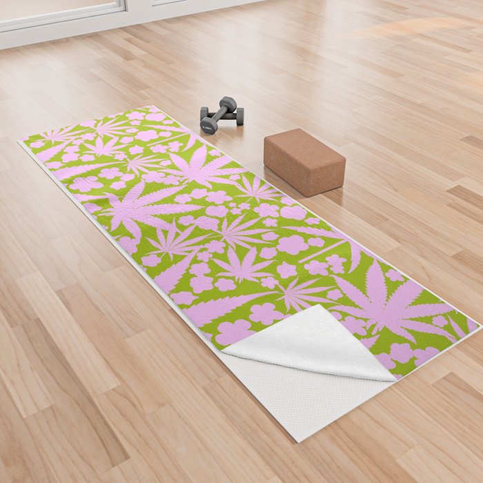 Mid-Mod Pink And Green Cannabis And Flowers Yoga Towel