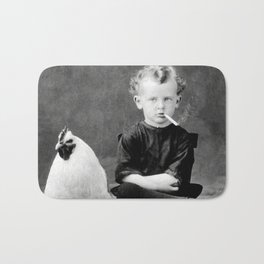 Smoking Boy with Chicken black and white photograph - photography - photographs Bath Mat