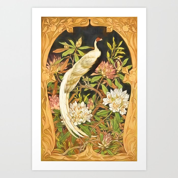 Art Nouveau Silver Pheasant with Rhododendron Art Print