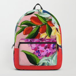 Bright Roses and Lilacs in Blue Footed Vase Gouache Painting - Bright Color Palette Backpack
