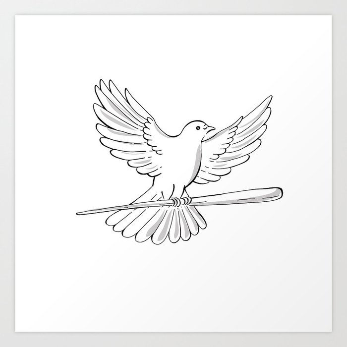 Pigeon or Dove Flying With Cane Drawing Art Print