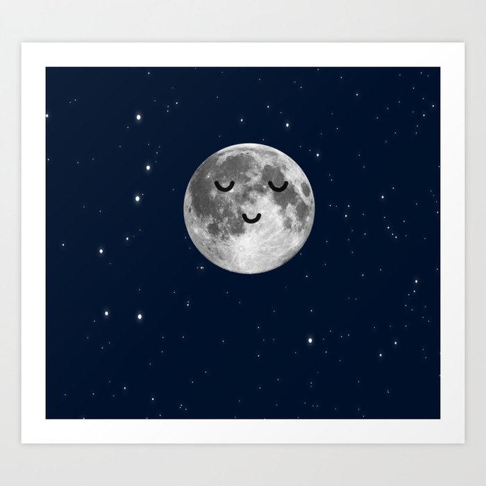 Peaceful Happy Moon in Space Midnight Stars  Art Print