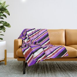 [ Thumbnail: Colorful Brown, Plum, Purple, Black, and White Colored Pattern of Stripes Throw Blanket ]