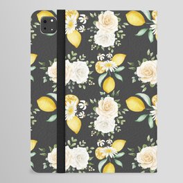 Lemons and White Flowers Pattern On Dark Grey Background iPad Folio Case
