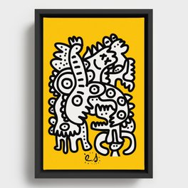 Black and White Cool Monsters Graffiti on Yellow Background Framed Canvas