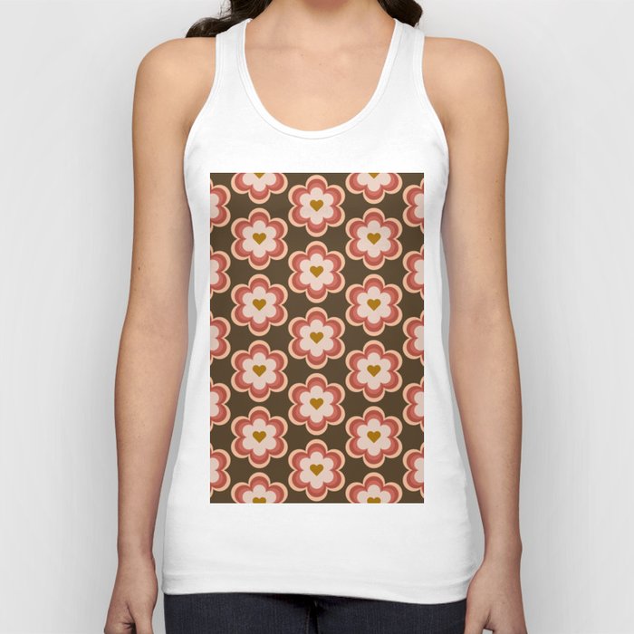 Pink And Brown Heart Center Vintage Retro Flower Tank Top