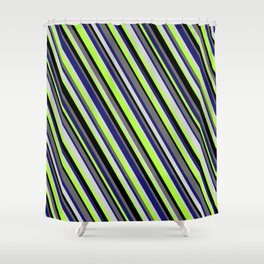 [ Thumbnail: Colorful Midnight Blue, Light Gray, Light Green, Black, and Dim Grey Colored Stripes/Lines Pattern Shower Curtain ]