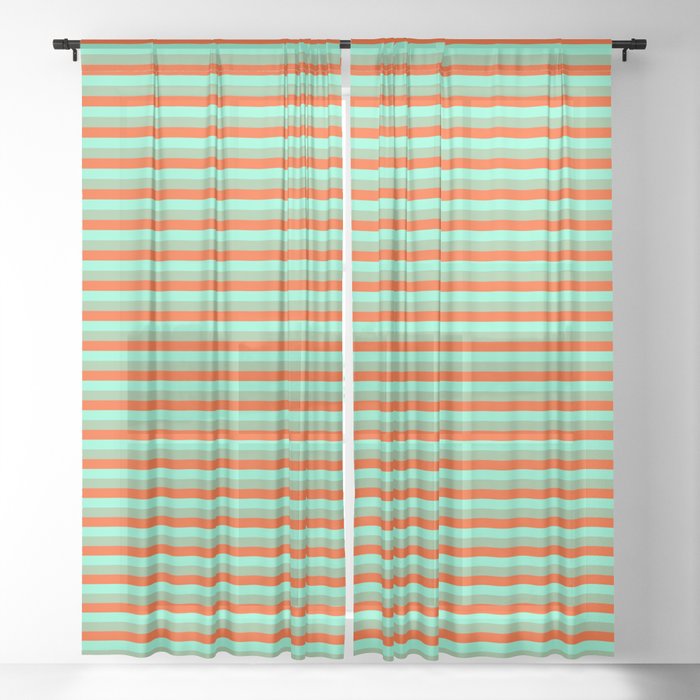 Aquamarine, Dark Sea Green, and Red Colored Stripes Pattern Sheer Curtain
