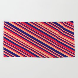 [ Thumbnail: Light Salmon, Midnight Blue & Crimson Colored Lines/Stripes Pattern Beach Towel ]