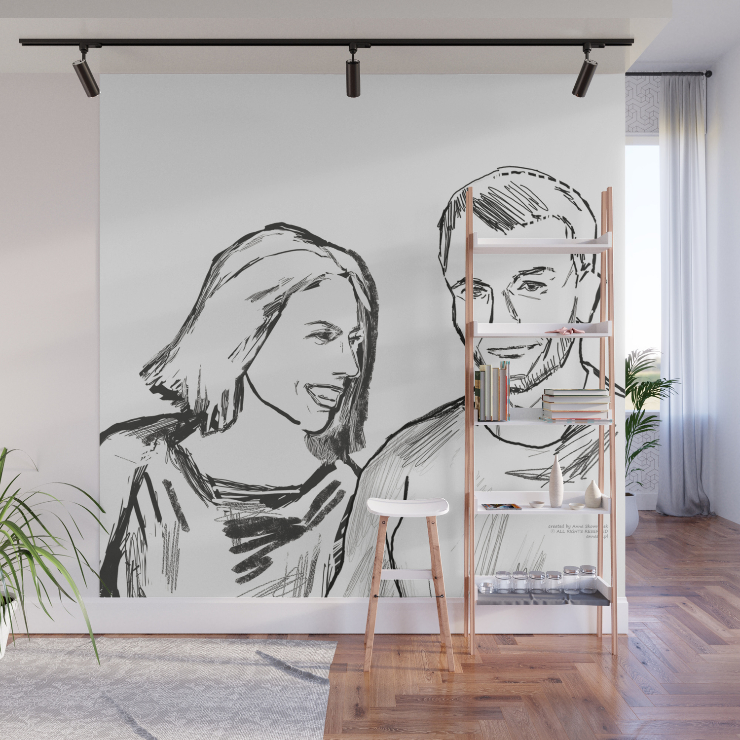 She And He Black White Drawing Digital Illustration Wall Mural By